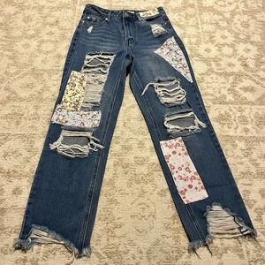 Almost Famous Women‎ Patchwork Distressed Straight Crop Leg Jeans Size 3 Cottage
